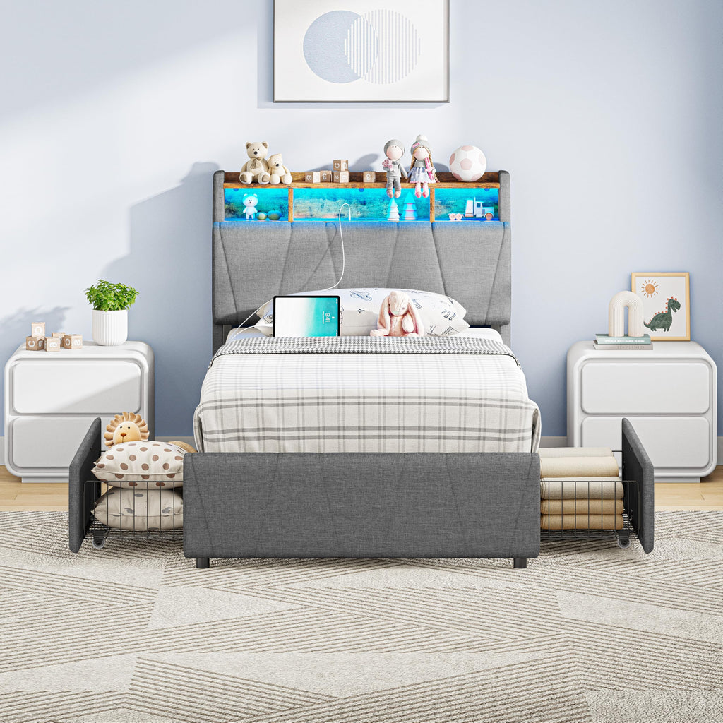 Twin Bed Frame with 2 Drawers, Charging Station & LED Lights, Grey Y5391