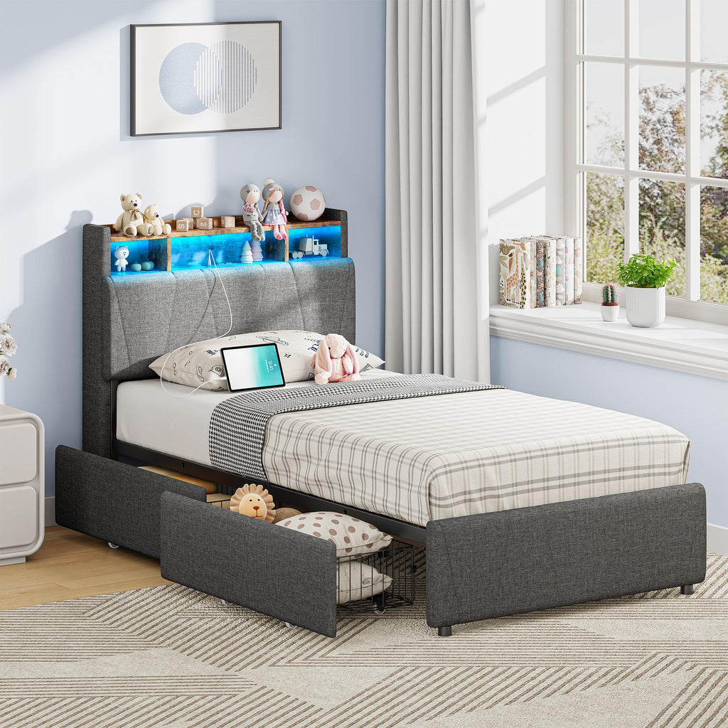 Twin Bed Frame with 2 Drawers, Charging Station & LED Lights, Grey Y5391