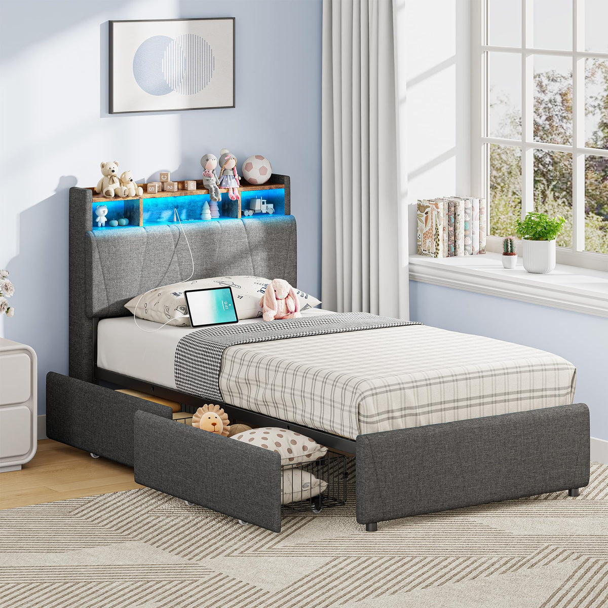 Twin Bed Frame with 2 Drawers, Charging Station & LED Lights, Grey Y5391