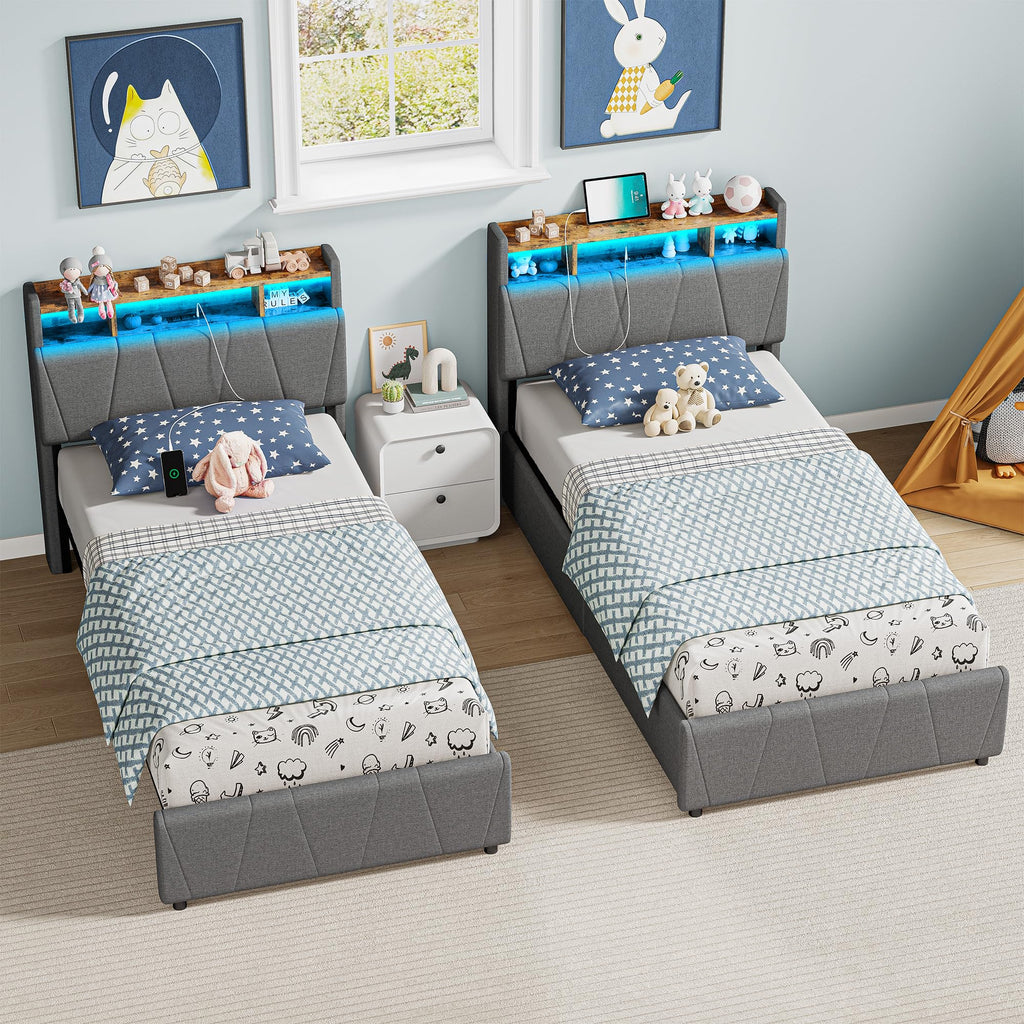 Twin Bed Frame with 2 Drawers, Charging Station & LED Lights, Grey Y5391
