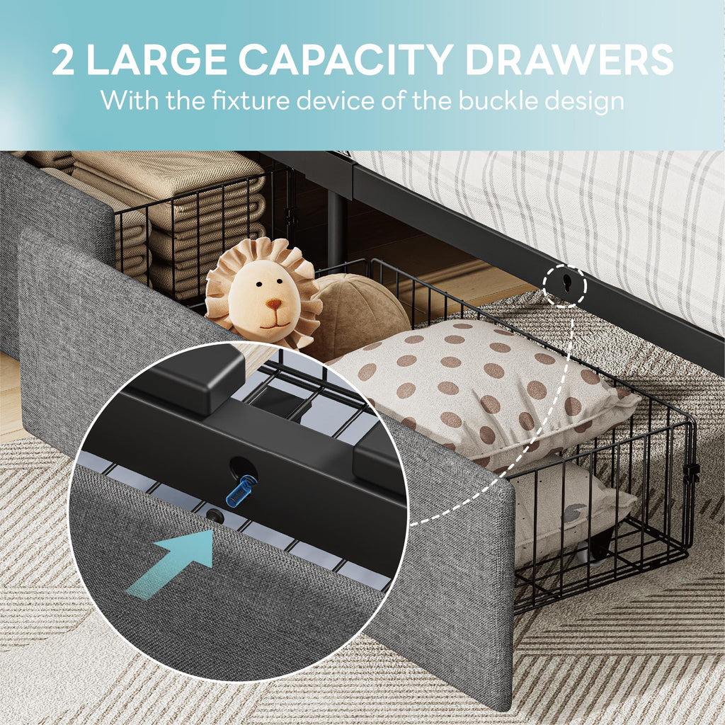 Twin Bed Frame with 2 Drawers, Charging Station & LED Lights, Grey Y5391