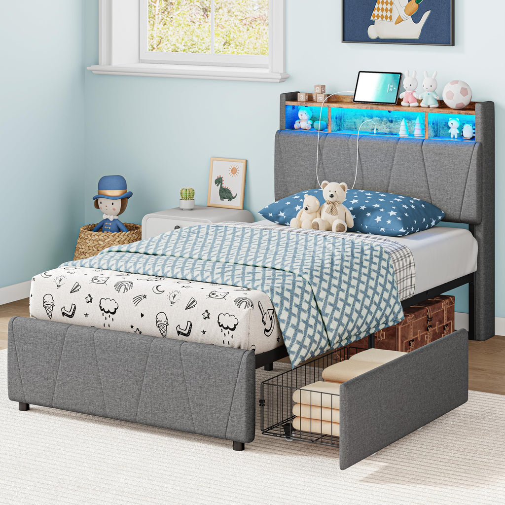 Twin Bed Frame with 2 Drawers, Charging Station & LED Lights, Grey Y5391