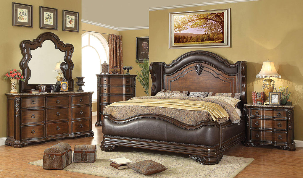 Brown Cherry Wood California King Wingback Bed W7904