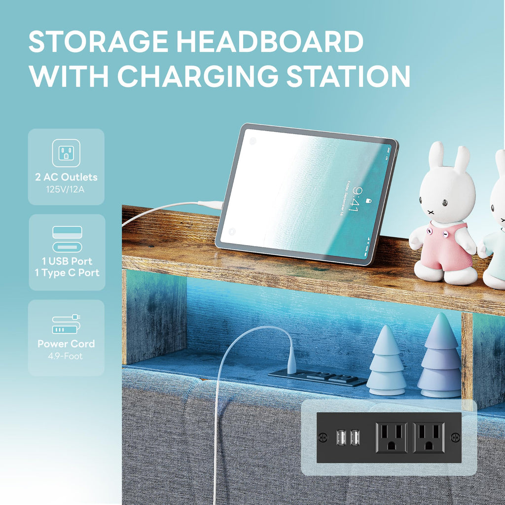 Twin Bed Frame with 2 Drawers, Charging Station & LED Lights, Grey Y5391