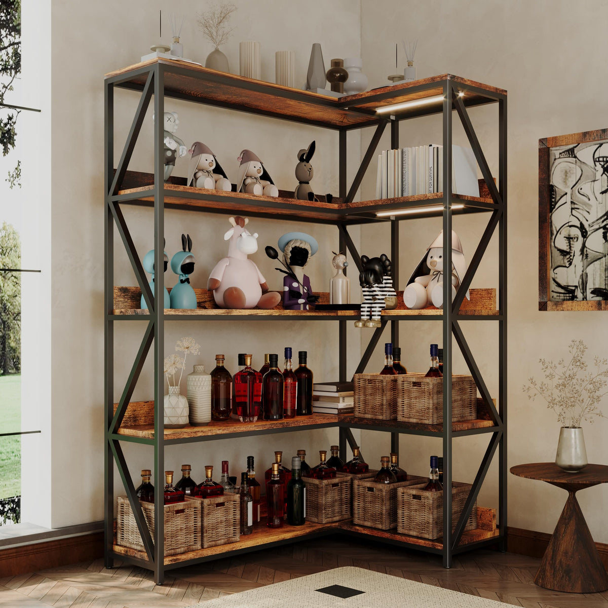 L Shaped 5 Tier Corner Bookshelf with Light A580